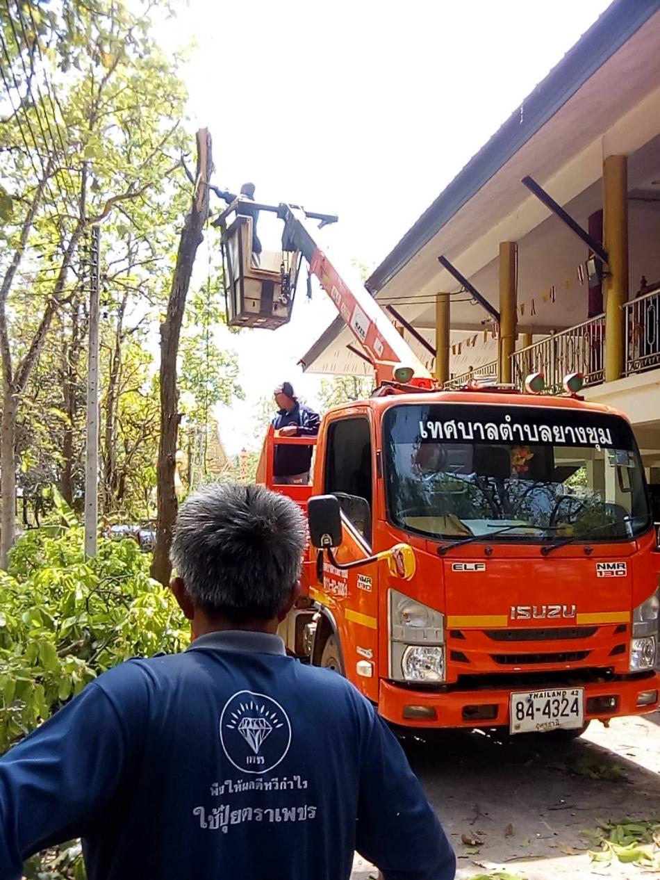 วันที่ 13 มีนาคม 2569 นายสมควร ระเเพงศรี นายกเทศมนตรีตำบลยางชุม มอบหมายให้ทีมงานกองช่างลงพื้นที่อำนวยความสะดวกตัดต้นไม้ในพื้นที่วัดป่าอรัญญาจันทรราม บ้านเชียงเพ็ง อำเภอกุดจับ จังหวัดอุดรธานี