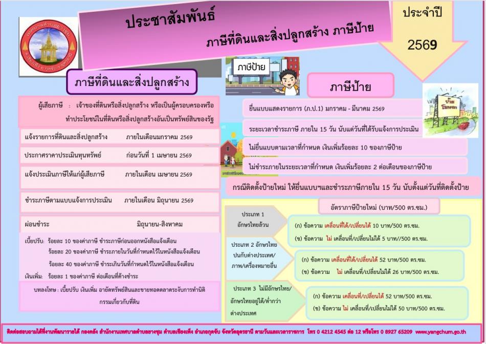 ประชาสัมพันธ์กำหนดการชำระภาษีที่ดินและสิ่งปลูกสร้าง และภาษีป้าย ประจำปีงบประมาณ พ.ศ. 2569 ขอให้ผู้มีหน้าที่เสียภาษียื่นแบบฯ และชำระภาษีตามระยะเวลาที่กฎหมายกำหนดด้วยนะคะ...หากไม่ชำระภายในระยะเวลาที่กำหนดจะต้องเสียเบี้ยปรับและเงินเพิ่มตามกฎหมาย...เงินภาษีของท่านจะนำมาช่วยพัฒนาตำบลยางชุมของเราให้เจริญ และขอขอบพระคุณผู้เสียภาษีทุกท่านล่วงหน้ามา ณ โอกาสนี้